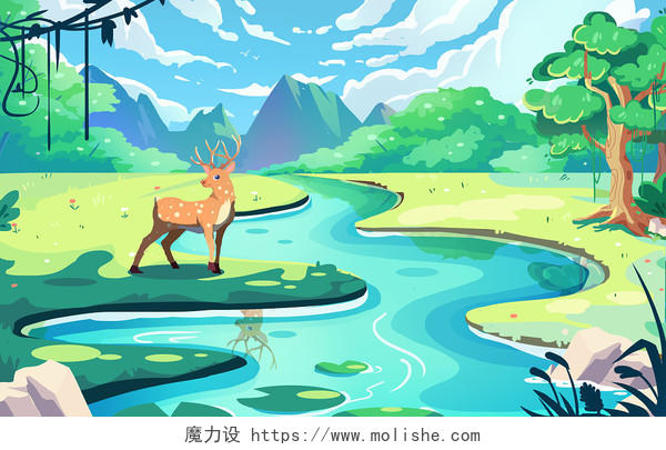 可爱小鹿河流扁平自然风光插画psd素材扁平河流插画